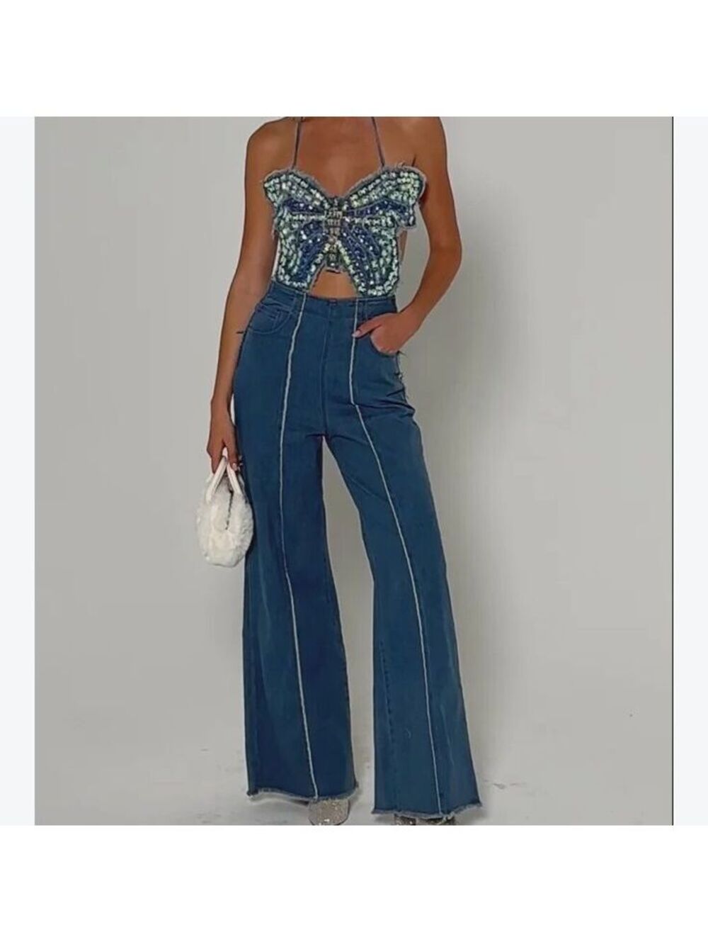 Akira Denim Spread Your Wings Butterfly Sequin Crop Top and Wide Leg Pants Set M
